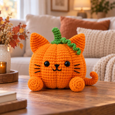 Crochet Pumpkin Cat Plush Handmade Halloween Decor Amigurumi Fall Gift picture