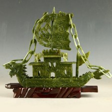 Chinese 100% Natural Jade Green Jade carved Dragon Ship Sculpture  picture