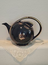 Vintage HALL China 6 Cup Airflow Teapot #0443 Cobalt Blue Gold Leaf Flower 1940s picture