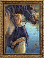 Hand Painted Oil Painting Young Girl With Horse Riverside Impressionist Canvas picture