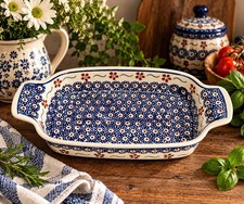 Vtg Boleslawiec Polish Pottery Rectangular Baker Hand Painted Blue Floral picture