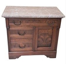 Antique Eastlake Victorian Burl Walnut Taupe Marble Top Washstand c1890s picture