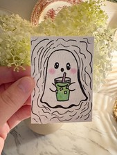 Original ACEO Cute Ghost Holding Matcha Drink – Hand Drawn Mini Art Card picture