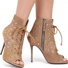 Giuseppe Zanotti High Heels Suede Ankle Bootie Studded Side Zip Laces EU 37/US 7 picture