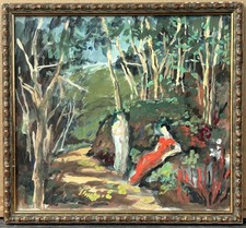 Antique Original Gouache Painting, Landscape, Forest, Female Figures, Modenism picture