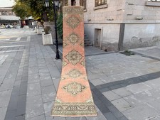 Terracotta Runner Rug 2.5x13.5 ft Vintage Turkish Wool Sage Green Floral picture