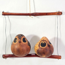 Peruvian Gourd Art Two Perched Owls Birds on Branch Hanging Decor Lucuma Peru picture