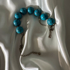 REAL Vintage Turquoise Blue Round Stone Beaded Necklace Silver Metal Cable Chain picture