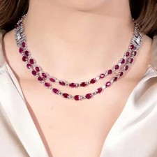 52ctw Oval Lab Created Cut Pink Ruby Two Row Statement Necklace 14k Gold Plated picture