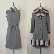 Vintage 60's Lilli Anne Dress Coat Set, Heather Grey Wool Knit Chinchilla Fur picture