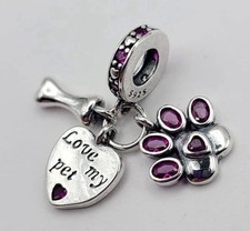 925 Sterling Silver “Love My Pet” Paw Print Charm/Pendant For Bracelet/ Necklace picture