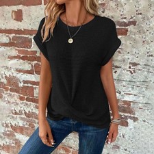 Women's Waffle Knit Short Sleeve Twist Front T-Shirt Black Asian Size S picture