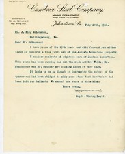 1911 Cambria Steel Co Letterhead Johnstown PA Mining Dept Juniata Limestone picture