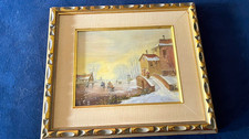 Vintage Dutch Winter Village Oil Painting Signed van der Velden Gilt Frame Skate picture