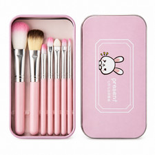 Pink Makeup Brush & Applicator Set 7 Pieces with Rabbit Tin Case Travel Gift picture
