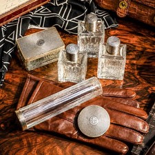 Stunning Antique French Sterling Silver Crystal Bottle Box Vanity Dresser Set picture