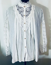 Women's White Lace Button-Up Collared Long Sleeve Blouse Top Plus 4XL picture