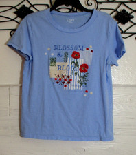 LOFT Women's Knit Top Size M Blue Floral Short Sleeve Round Neck picture
