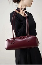 Real Cowhide Leather Burgundy Baguette Bag Women picture