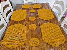 Vtg Handmade Crochet Placemats Coasters Set 10pc Hexagon Retro Yellow Brown picture