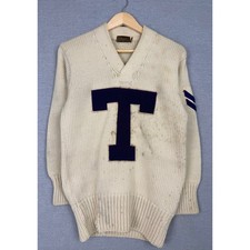 Vintage 50s Lowe & Campbell Wool Letterman Varsity Sweater Cream Purple Patch T picture