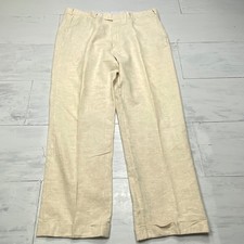 Dapper Classics Linen Trousers Mens 38x28 Beige Flat Front Cuffed Made USA Pants picture