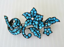 Early Victorian Silver Turquoise Bead Pearl Brooch Pin Forget-Me-Not Flowers picture