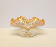 Antique Dugan Peach Opal Fan Ruffle Carnival Glass Iridescent Compote Candy Dish picture