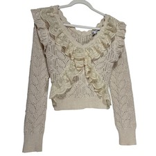 Zara Cream Lace Ruffle Open Knit Cropped V-Neck Sweater Size Women's Large EUC picture