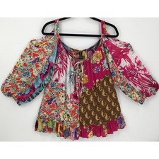 Sacred Threads Boho Patchwork Cold Shoulder Top Floral Rayon Women S/M India picture
