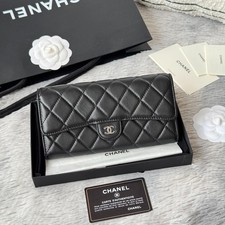 CC CH@NEL Classic Long Flap Wallet A80758 Black Caviar Leather Silver HW 7.5 picture