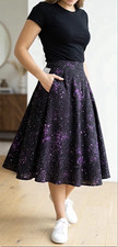 Tulip B Galaxy Print A-Line Midi Skirt Women’s M Black/Purple Lined Pockets picture