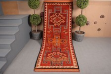 Geometric Herki Carpet, Vintage Wool Rug, Hand Knotted Tribal Runner, 3.6 x 9.5 picture
