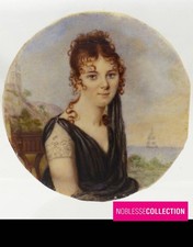 ANTIQUE FRENCH LADY PORTRAIT MINIATURE HAND PAINTED EMPIRE STYLE Circa 1850 picture