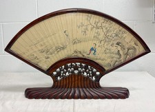 Antique early 1800's Chinese Qing Dynasty hand painted hand fan carved wood base picture