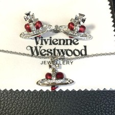【In Box/Pouch】Vivienne Westwood Diamante Heart Necklace Earrings Set Red Silver picture