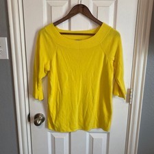 Talbots Woman Petites 12 Yellow Bell Sleeve Ribbed Neck Knit Top Cotton Blend picture
