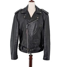 Wilsons Leather Black Moto Jacket size Large Vintage Belted Biker Distressed picture