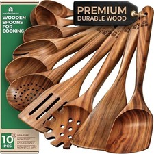 10 Pcs Non-Toxic Teak Wooden Cooking Spoons Set - Eco-Friendly Kitchen Utensils picture