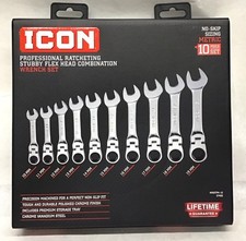 ICON WRSTFM-10 10 Piece Ratcheting Stubby Flex Head Wrench Set Metric 10-19mm  picture