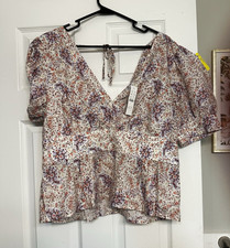 J.CREW Collection Floral V-Neck Puff Short Sleeve Tie Blouse Women’s 14 picture