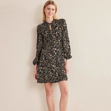 NWT BODEN Tie Neck Shirt Dress Black Floral Fit Flare Balloon Sleeve Size US 8 picture