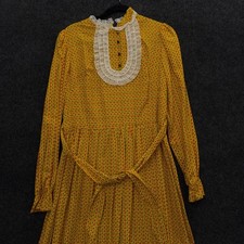 Vintage 1950s Yellow Calico Floral Prairie Maxi Dress Lace Bib Ruffle Trim XL picture
