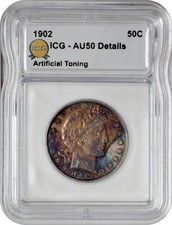 1902 Barber Half Dollar 50¢ ICG AU50 About Uncirculated Detail Artificial Toning picture