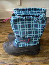 Kamik Waterproof Plaid Snow Boots Unisex Kids Blue Pink Black Mid-Calf Size 4 picture