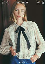 Sézane Jola Blouse/SOLD OUT Black Polka Dot Pleated Ruffle Bow size 6US/38FR picture