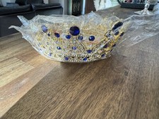 Makone Queen Crown Gold Tiara Blue Stones Rhinestowns Princess Beauty Pageant picture