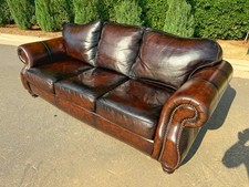 Havertys Brown Leather 3-Seat Sofa Rolled Arms Nailhead Trim 108