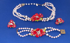 Vintage Robert Parure Necklace, Bracelet & Earring Set W/Red Flowerx - READ picture