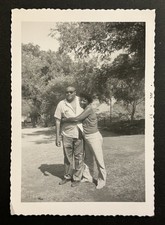 Vintage 1957 B&W Photo African American Couple Hugging Outdoors Deckle Edge picture